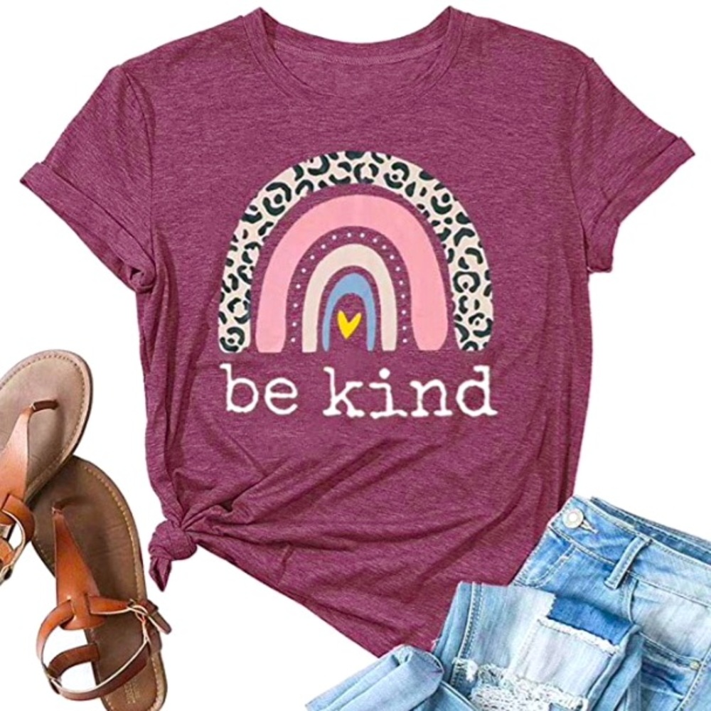 Boutique “Be Kind” Rainbow Graphic Short-Sleeve Shirt Top